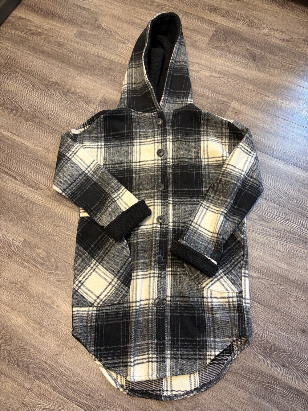 RD Style Black and White Plaid Hooded Button-Up Jacket